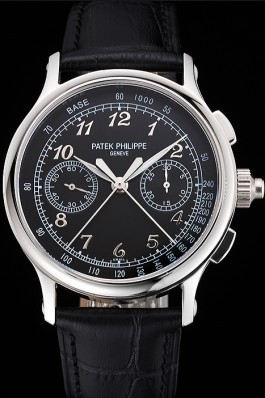 Swiss Patek Philippe Split Seconds Chronograph Black Dial Stainless Steel Case Black Leather Strap Fake Patek Philippe