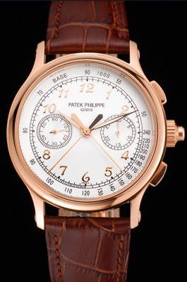 Swiss Patek Philippe Split Seconds Chronograph White Dial Rose Gold Case Brown Leather Strap Fake Patek Philippe