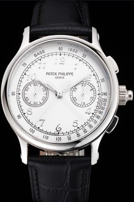 Swiss Patek Philippe Split Seconds Chronograph White Dial Silver Numerals Stainless Steel Case Black Leather Strap Fake Patek Philippe