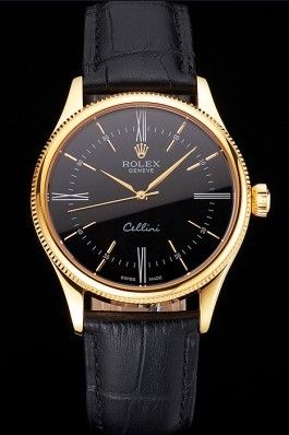 Swiss Rolex Cellini Black Dial Roman Numerals Gold Case Black Leather Strap Replica Rolex