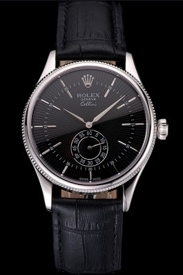 Swiss Rolex Cellini Black Dial Stainless Steel Case Black Leather Strap Replica Rolex