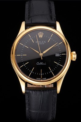 Swiss Rolex Cellini Date Black Dial Gold Case Black Leather Strap Replica Rolex