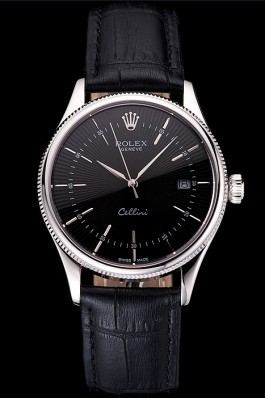 Swiss Rolex Cellini Date Black Dial Stainless Steel Case Black Leather Strap Replica Rolex