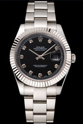 Swiss Rolex Datejust Black Dial Dimond Hour Marks Stainless Steel Case And Bracelet Replica Rolex Datejust